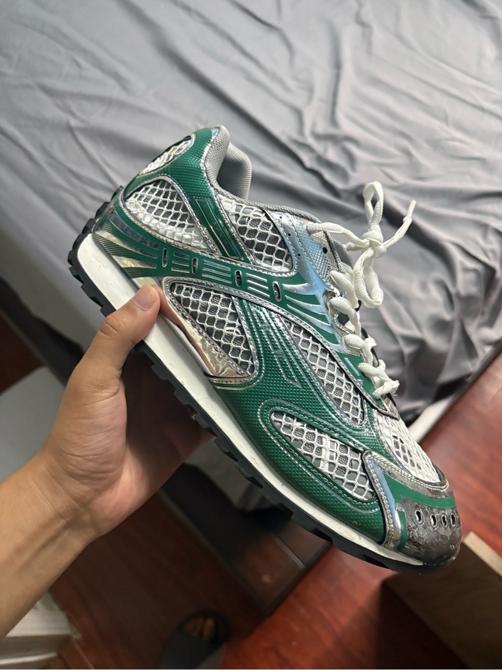 Bottega Veneta Green and Silver Mesh Runner Sneaker